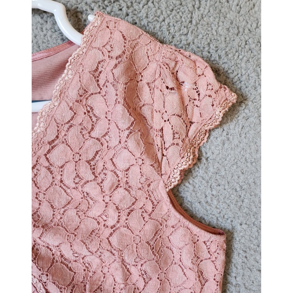Y2K Merona Lace Blouse Women XL Pink Short Sleeve Empire Waist Satin Tie V-Neck - Picture 3 of 10